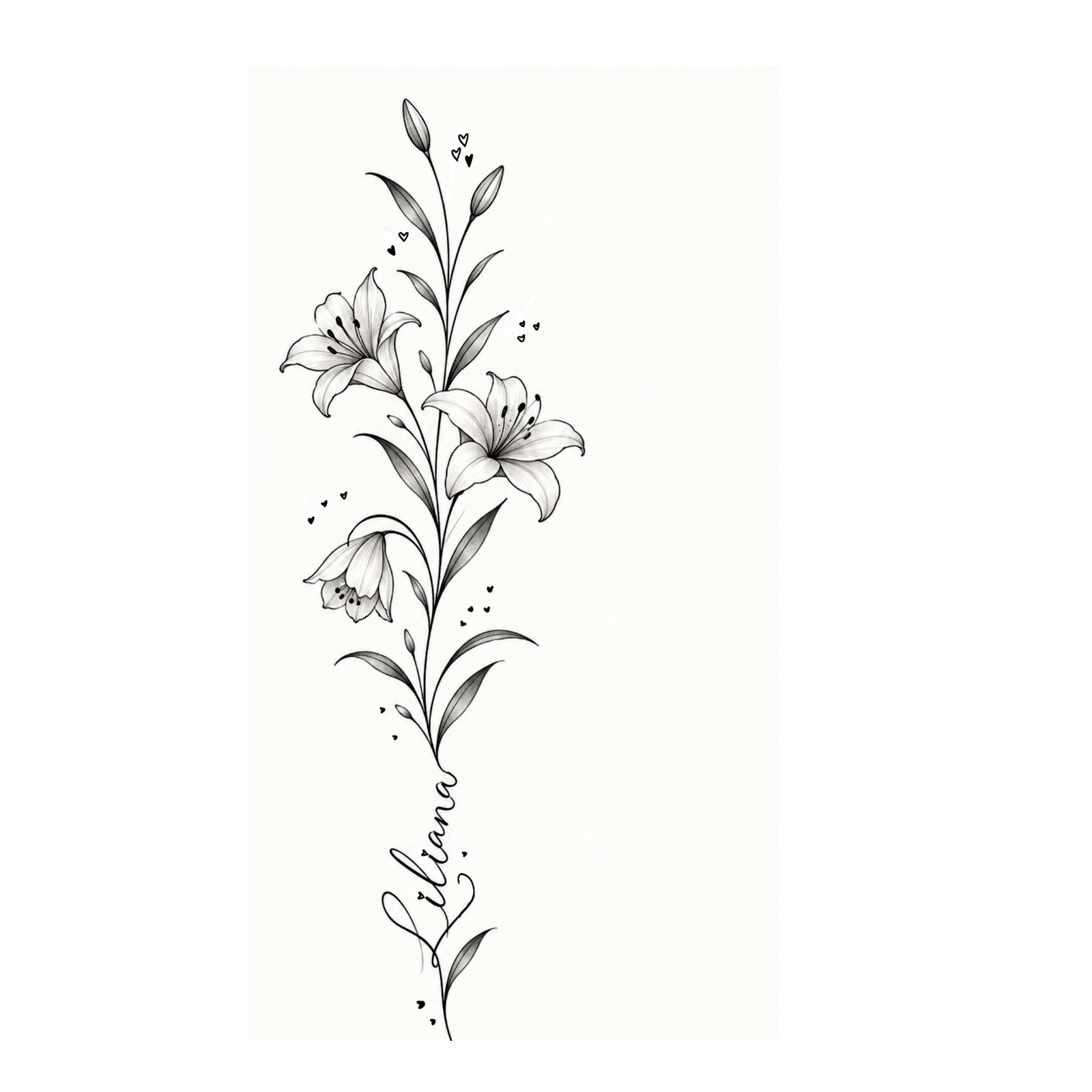 Hand-drawn digital tattoo concept with lilies, leaves, small hearts, and a name woven into the stem
